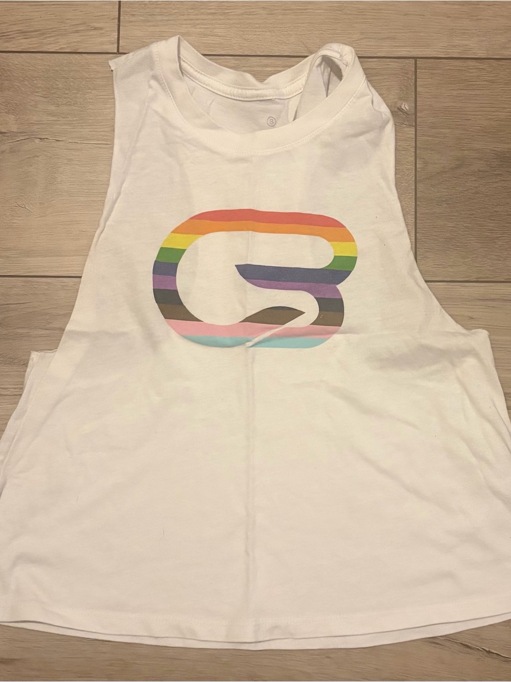 Cyclebar White Crop Tank with Rainbow Stripe Logo